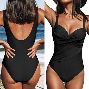 Women's One Piece Swimsuits Bathing Suits V Neck Twist Ruched Wide Straps U Back